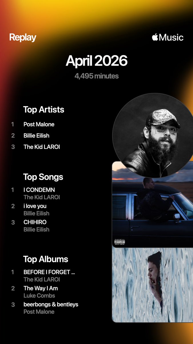PostyBringsJoy's tweet image. @PostyBringsJoy @AppleMusic April 2026 replay @PostMalone @billieeilish @thekidlaroi @lukecombs #PostMalone #Billieeilish #thekidlaroi #lukecombs #fypシ゚viral