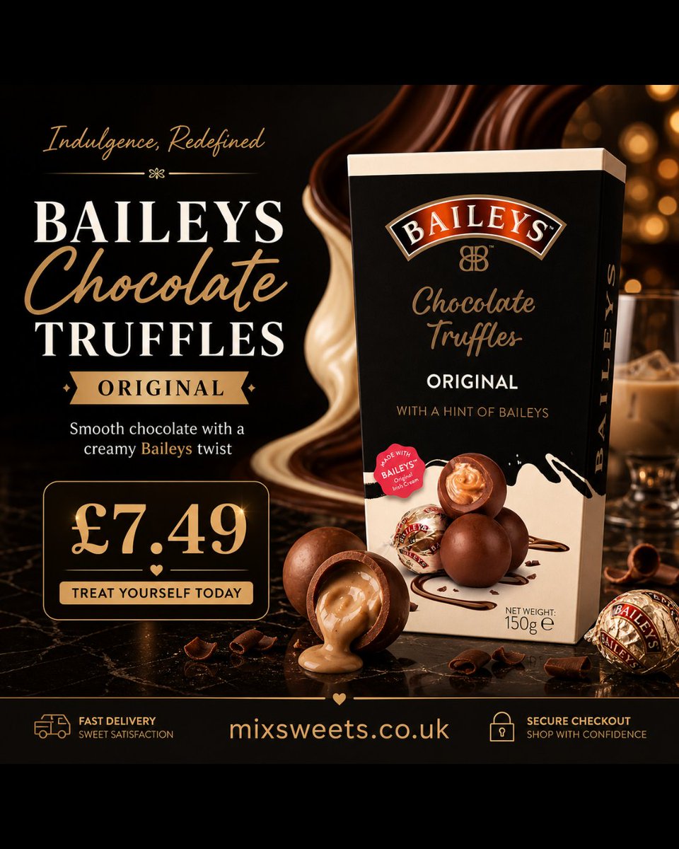 PicknMixSweets's tweet image. Indulge in rich, creamy Baileys Chocolate Truffles 🍫✨ Smooth centre, premium taste perfect for gifting or treating yourself. 
Only £7.49! 🛍️ 
Shop now at mixsweets.co.uk 💛
 #Baileys #ChocolateLovers #SweetTreats #UKDeals #DessertTime