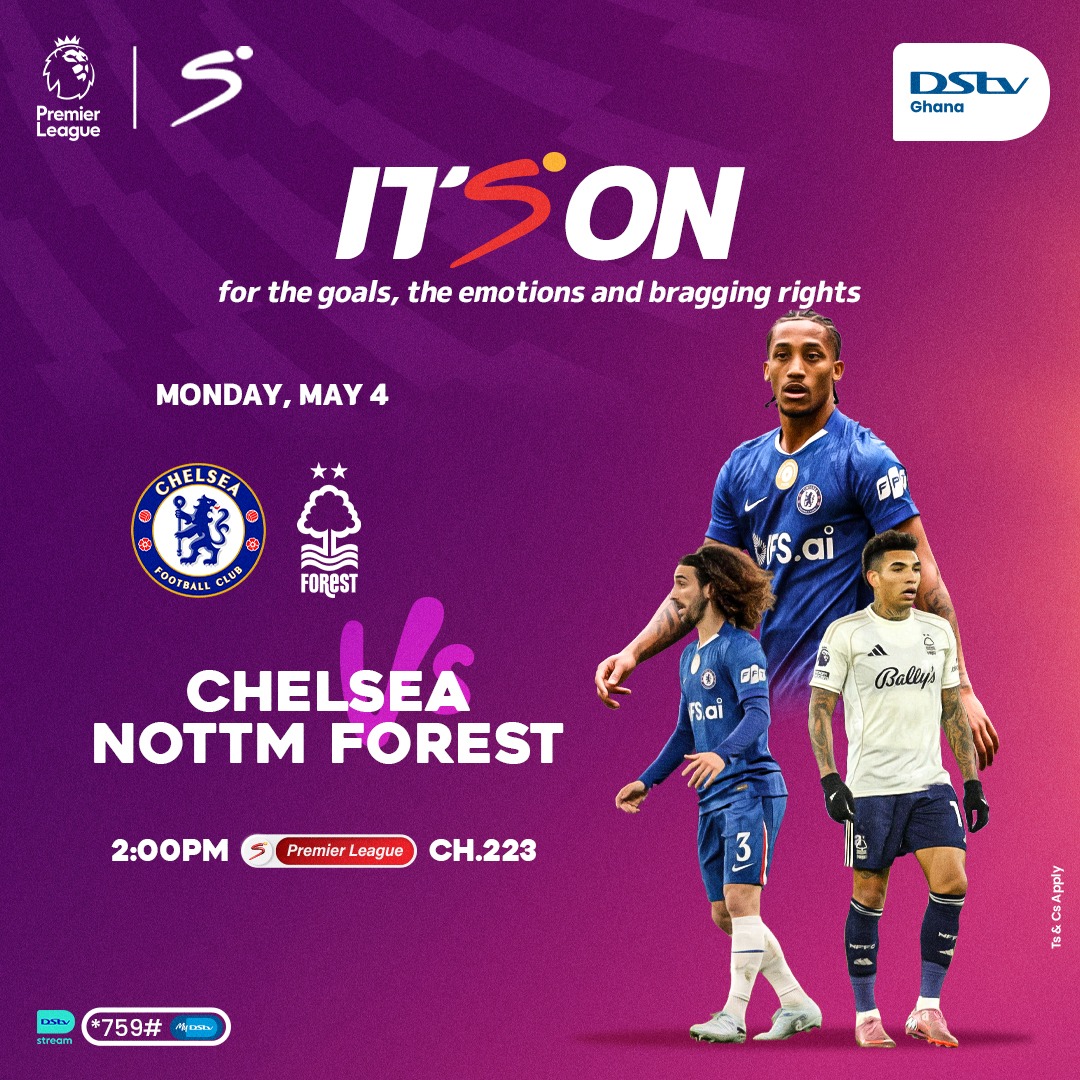 DStv_Ghana's tweet photo. Monday brings the heat! 🔥⚽
Chelsea vs Forest at 2:00PM
Who takes the points? 👀
📲 Download the MyDStv App or dial *759# and subscribe on #DStvCompact to catch it LIVE in HD on SuperSport! #ItsONDStv https://t.co/D9Lpc272Bv