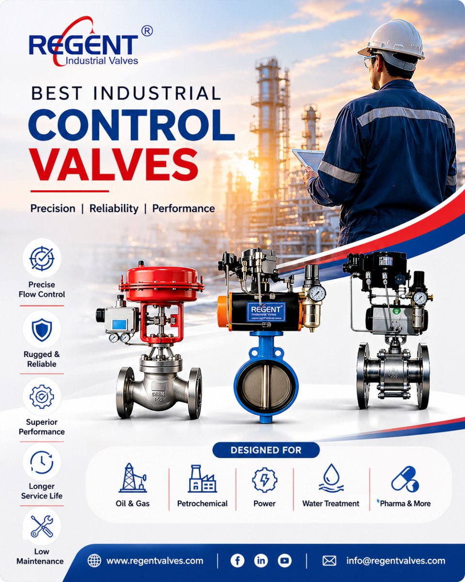regentvalves's tweet photo. Precision you can trust! Master your flow with Regent Control Valves.
Regent Industrial Valves offers rugged, high-performance control solutions. Designed for long life and low maintenance in oil, gas, and power sectors.
#regentvalves #industrialengineering #controlvalves https://t.co/F6rBQ9yzTE