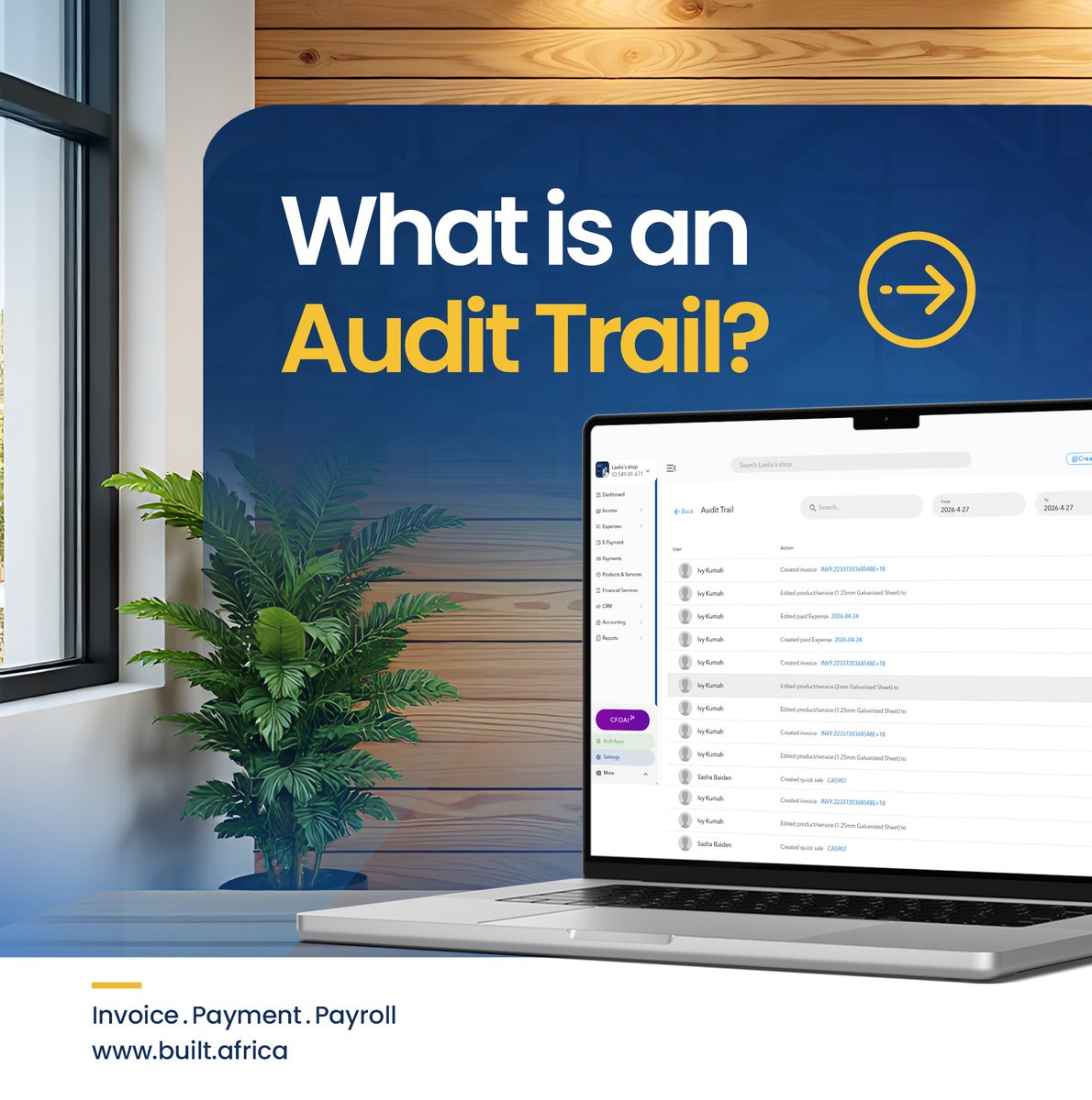 built_africa's tweet image. Audit trail = a clear record of who did what, when, and why in your business.

With Built, every action is tracked automatically so you stay in control and audit-ready.

Stay compliant. Stay confident.

Sign up : built.africa

#AuditTrail #FinanceTips #BusinessGrowth
