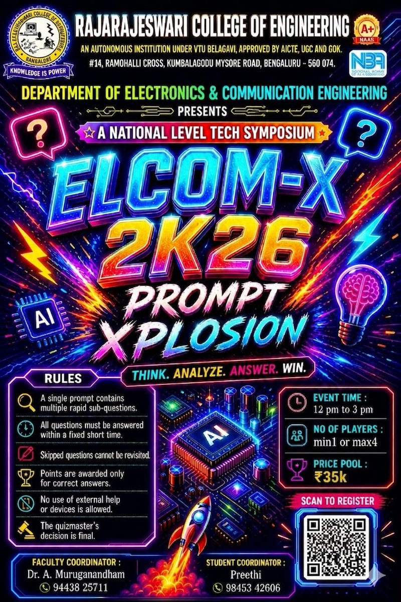 rrceblr's tweet image. 💻💥 #PromptXplosion at #ELCOMX2026 by #ECE #RRCE brings AI, creativity &amp;amp; prompt engineering together ⚡🤖 Think smart, craft powerful prompts &amp;amp; solve exciting AI challenges 🚀🔥 📅 6 May 2026 #AI #PromptEngineering #TechFest #ArtificialIntelligence #FutureEngineers