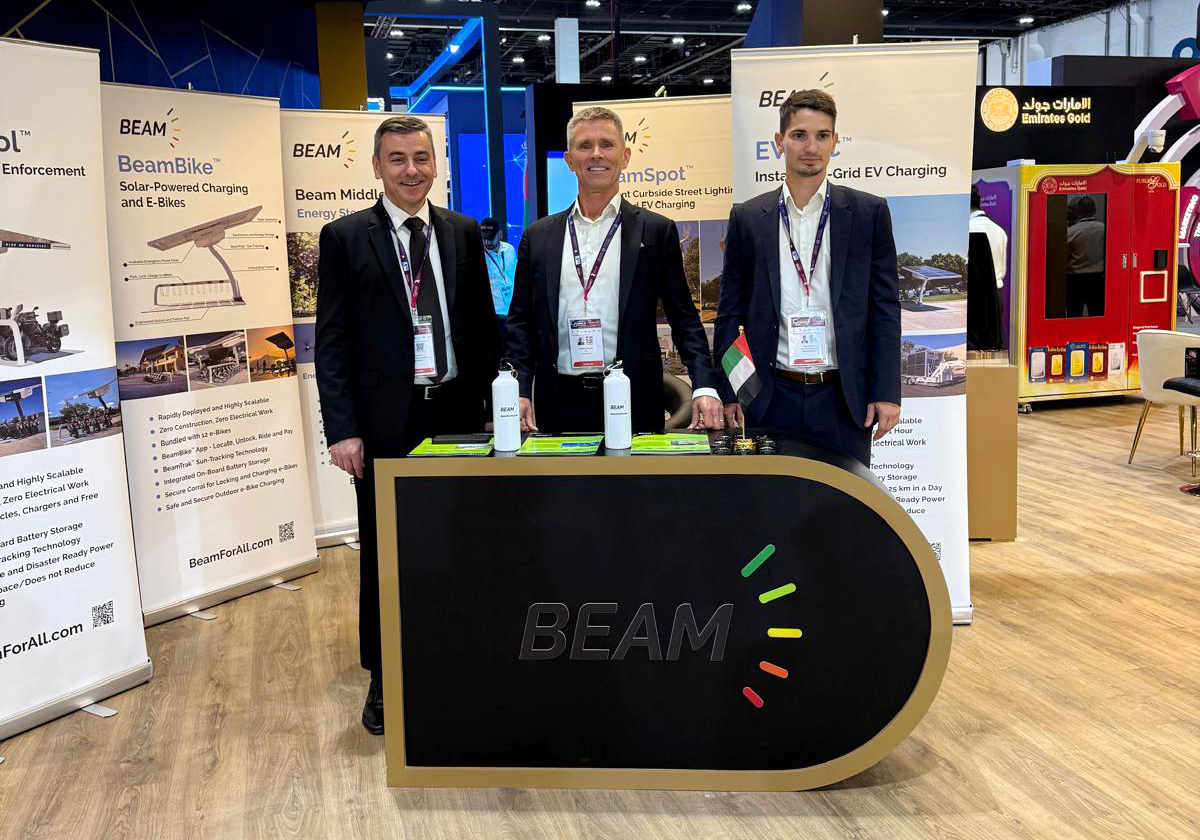 BeamForAll's tweet photo. From innovation to deployment — Beam Global, through Beam Middle East, in partnership with the Platinum Group is showcasing real-world clean energy solutions at Make it in the Emirates 2026. @MIITEUAE 

CEO @DesmondWheatley, Ivan Tlacinac and Uroš Tošković are on the ground connecting with partners and industry leaders to help drive the future of sustainable transport.

Discover more and connect with our teams on the ground: https://t.co/BDNQVaw7Wi

#FutureMobility #RenewableEnergy #Infrastructure #BeamGlobal #MiddleEast $BEEM