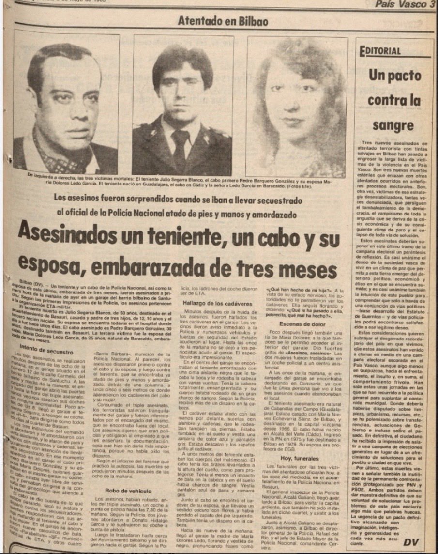 JuanMar01134809's tweet image. El 4 de mayo de 1983, tener presente que la banda terrorista nacionalista #ETA, asesina en Bilbao a los PNs Julio Segarra Blanco, Pedro Barquero González y a su esposa María Dolores Ledo García (embarazada de seis meses).
JAMS 🤗🇪🇸🍀
