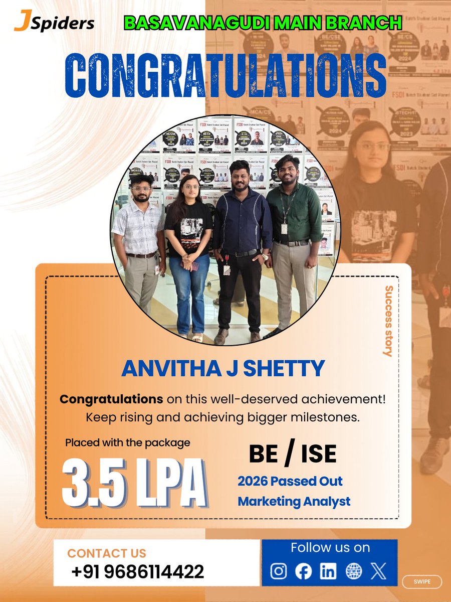 JBasavanagudi's tweet photo. 📷 Congratulations, ANVITHA J SHETTY, on getting placed at JSPIDERS Basavanagudi! This is a fantastic achievement. Best of luck in your new role! 📷
#jspiders #Congratulations #NewJob #SuccessStory #JavaStack #FullStackJava #JavaDevelopment #JavaCoding #jobplacement https://t.co/BgruSNjFqk