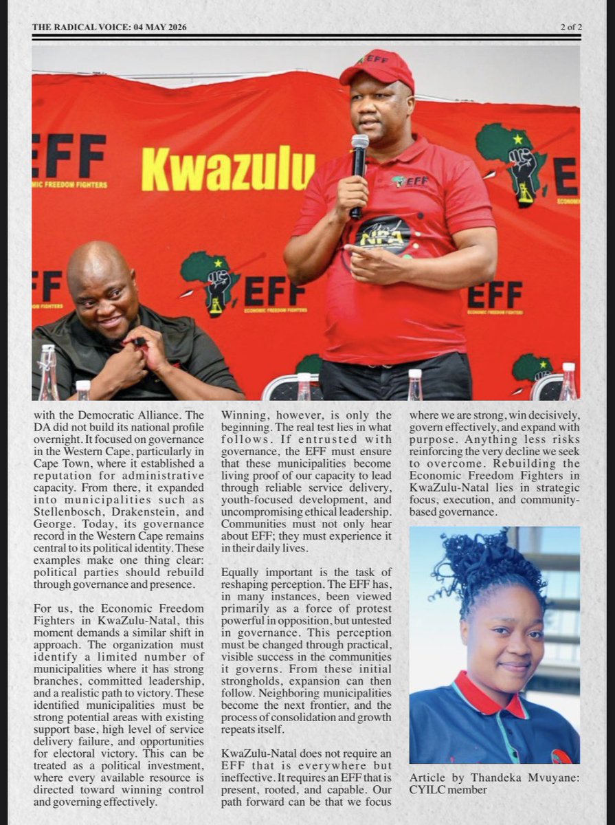 ♦️Must Read♦️

The EFF KwaZulu-Natal Rebuilding Plan, according to the EFF Youth Command leader Thandeka Mvuyane, calls for a strategic renewal of the movement by focusing on building strongholds in municipalities where the organisation has real support, capable leadership, and