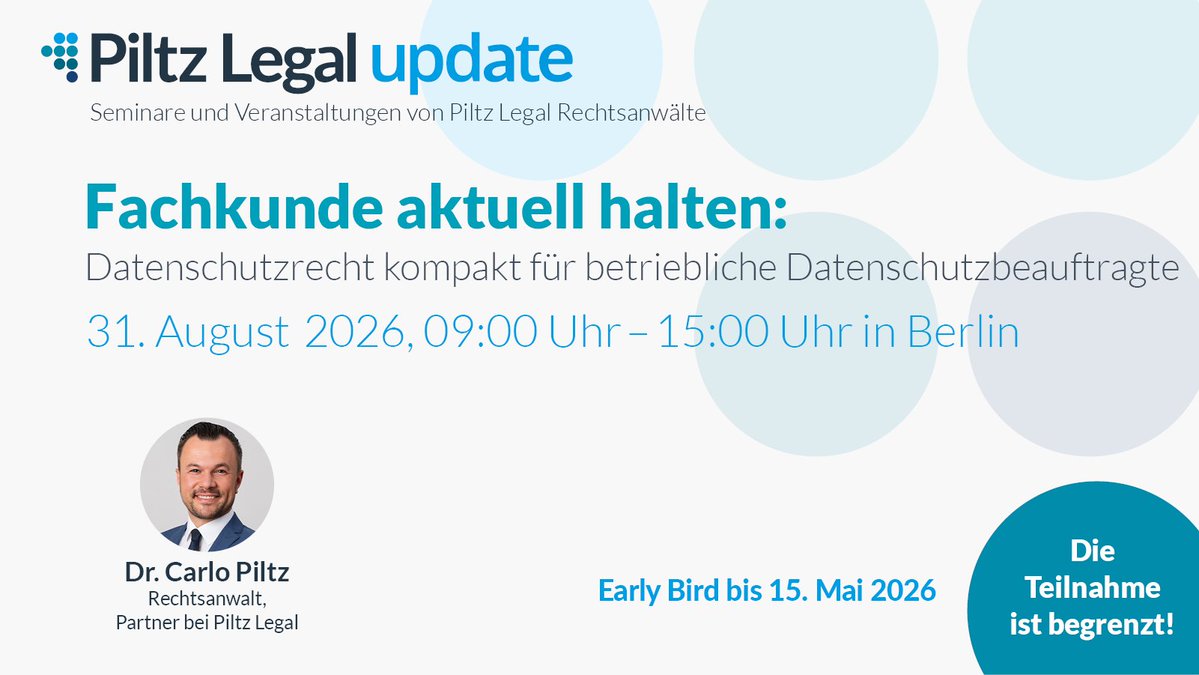PiltzLegal's tweet image. Datenschutz-Update für DSB: Bleiben Sie fachkundig gem. Art. 37 Abs. 5 DSGVO! Unser Seminar vermittelt aktuelle Rechtsprechung, KI-Themen, Drittstaatentransfers &amp;amp; den Umgang mit Datenschutzvorfällen - kompakt &amp;amp; anwendungsnah. #Datenschutz #DSGVO 
➡️piltz.legal/events/fachkun…