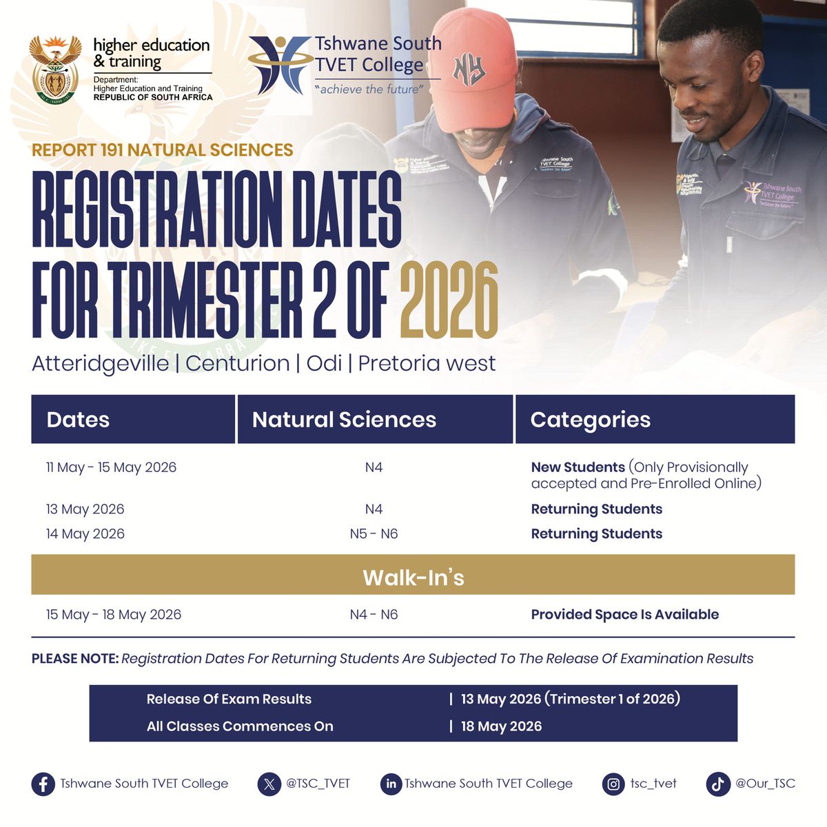 TSC_TVET's tweet photo. Registration dates for Trimester 2 are out

Make sure you take note of your allocated date and prepare all required documents in time.

#OurTSC #AchieveTheFuture https://t.co/1Bz2rPlyEI