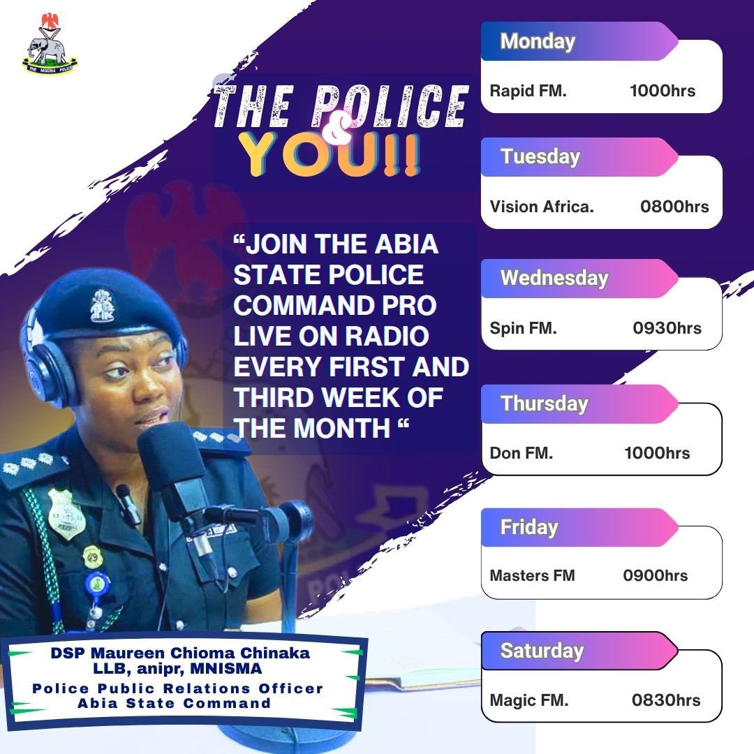 HAPPY NEW WEEK FROM THE PPRD

We are at it again; every first and third week of the month.

🔹 First Week: We educate, update and inform you on security and Command activities in Abia State.  

🔹 Third Week: We hear your feedback, contributions, concerns, and complaints about