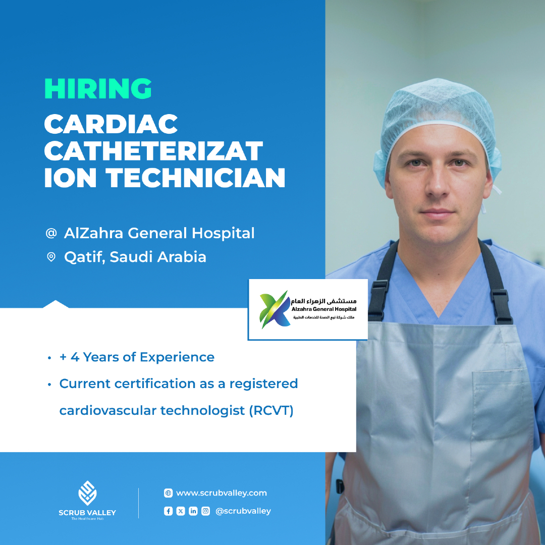 ScrubValley's tweet photo. Hiring: Cardiac Catheterization Technician — Saudi Arabia.

Al Zahra General Hospital in Saudi Arabia is looking for a skilled Cardiac Catheterization Technician to join a dynamic cardiovascular team and assist in life-saving diagnostic and interventional cardiac procedures.

Requirements:
• Associate's or Bachelor's degree in Cardiovascular Technology, Radiologic Technology, or related field
• 4+ years of hands-on experience in Cardiac Catheterization & cardiovascular procedures
• Current RCVT certification or equivalent
• Proficiency in operating cath lab equipment including fluoroscopy & imaging systems
• Valid professional license to practice in Saudi Arabia or eligibility for licensure

📍 Location: Al Qatif, Saudi Arabia

Apply now: https://t.co/xrh7Ni0PVT 

#CardiacCath #CardiovascularTechnology #CathLab #HealthcareJobs #SaudiArabia #ScrubValley