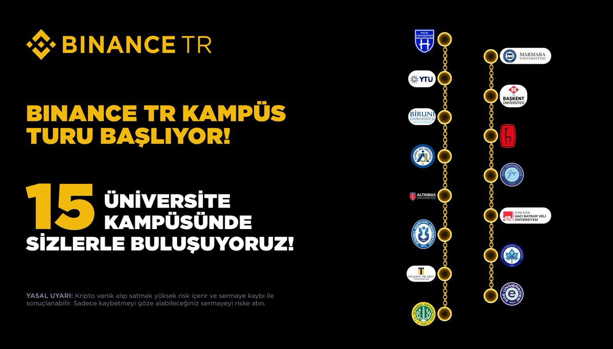 BinanceTR's tweet photo. Binance TR Kampüs Turu başlıyor 🎓

4 şehirde, 15 üniversitede öğrencilerle buluşuyoruz.

Blockchain, kariyer fırsatları, ödüllü aktiviteler ve sürprizlerle Mayıs boyunca kampüslerde yerimizi alıyoruz.

İşte etkinlik duraklarımız 👇

📍4 Mayıs - Haliç Üniversitesi, 5. Levent Kampüsü 
📍5 Mayıs - Yıldız Teknik Üniversitesi, Davutpaşa Kampüsü 
📍6 Mayıs - Biruni Üniversitesi, Topkapı Kampüsü 
📍7 Mayıs - İstanbul Arel Üniversitesi, Tepekent Kampüsü 
📍8 Mayıs - Altınbaş Üniversitesi, Mahmutbey Kampüsü 
📍10 Mayıs - İstanbul Esenyurt Üniversitesi, Bahçeşehir Kampüsü 
📍11 Mayıs - İstanbul Ticaret Üniversitesi, Sütlüce Kampüsü 
📍12 Mayıs - İstanbul Üniversitesi, Avcılar Kampüsü 
📍13 Mayıs - Marmara Üniversitesi, Maltepe Kampüsü 
📍14 Mayıs - Başkent Üniversitesi, Bağlıca Kampüs 
📍15 Mayıs - Hacettepe Üniversitesi, Beytepe Kampüsü 
📍18 Mayıs - Gazi Üniversitesi, Merkez Kampüs 
📍20 Mayıs - Hacı Bayram Veli Üniversitesi, Beşevler Kampüsü 
📍21 Mayıs - Osmangazi Üniversitesi, Meşelik Kampüsü 
📍22 Mayıs - Ege Üniversitesi, Bornova Kampüsü