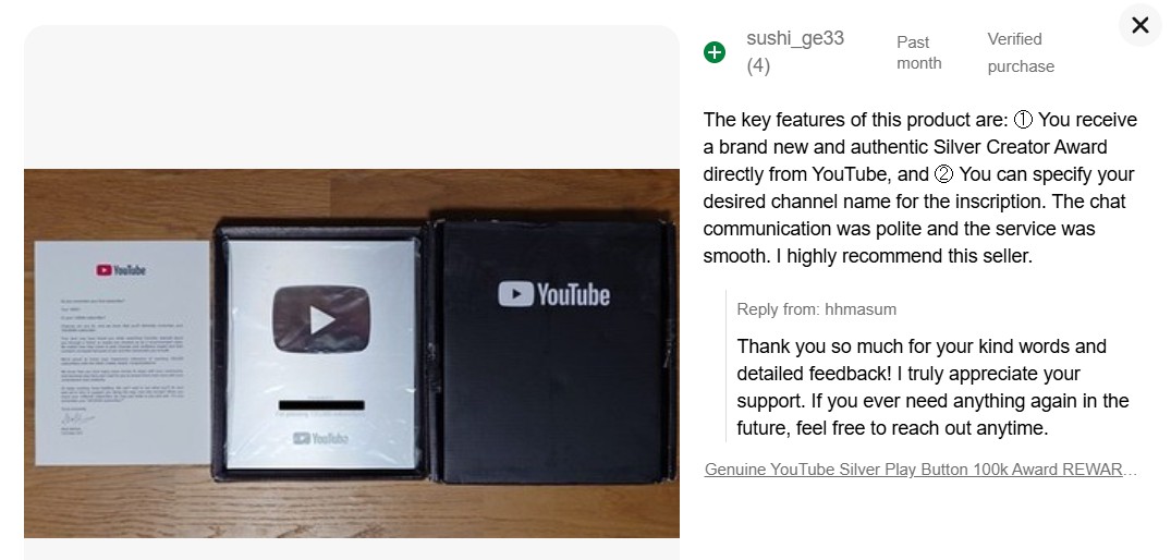 HHMASUMM's tweet image. Another happy client just received their Authentic YouTube Silver Play Button 🎉

Nothing feels better than delivering real value and seeing positive feedback from satisfied clients 🙏

Want yours? DM me 📩

#YouTube #SilverPlayButton #YouTubeCreator #ContentCreator #100KAwards