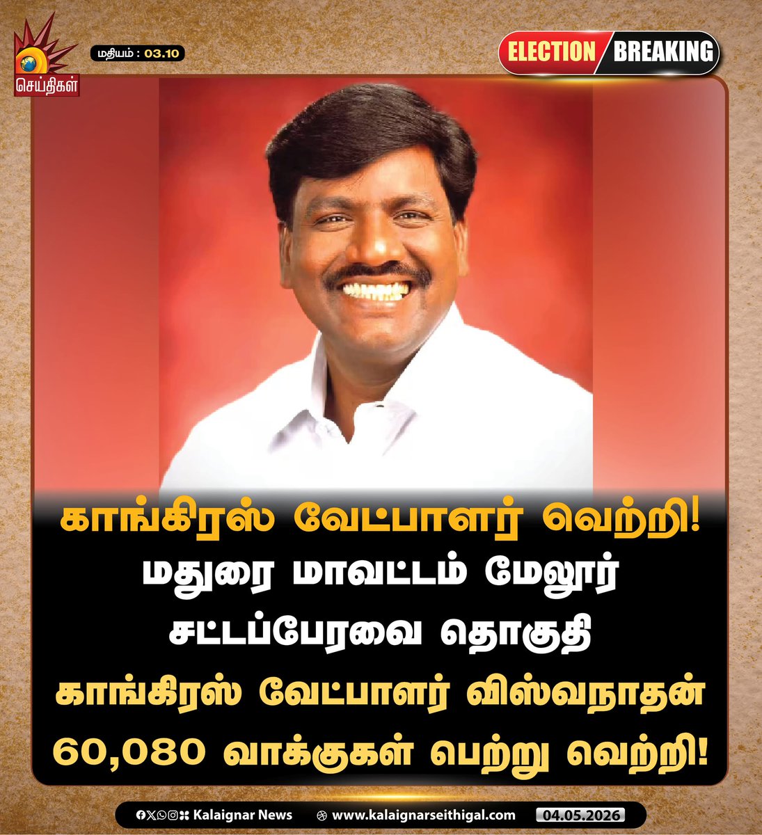 Kalaignarnews's tweet image. காங்கிரஸ் வேட்பாளர் வெற்றி ! 

#Melur #Congress #ElectionResults2026 #ElectionResults #TNElectionResults #TNElection2026 #KalaignarSeithigal