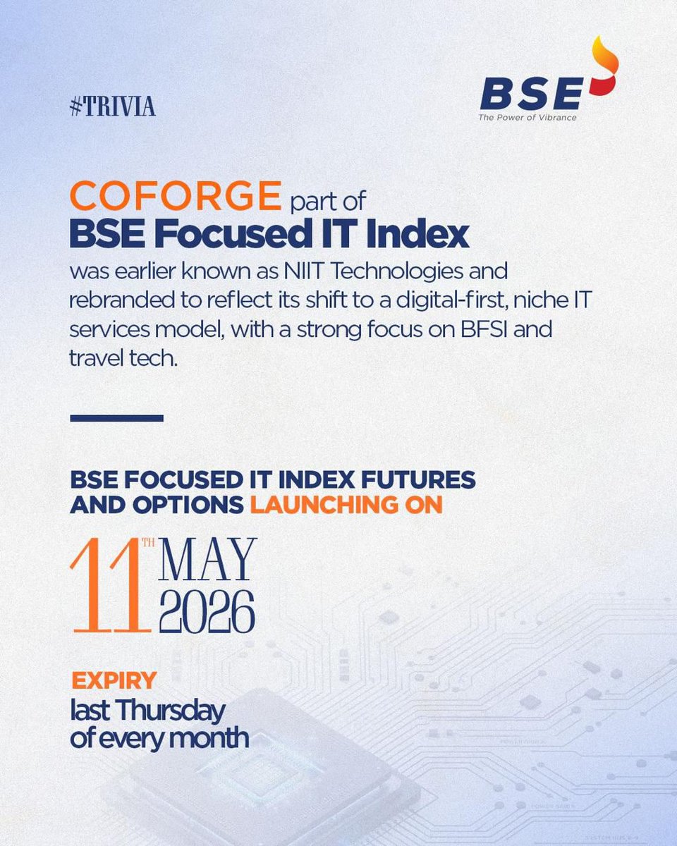 BSEIndia's tweet photo. Know your index. Coforge - one of the 14 constituents of BSE focused IT index.

Futures and options on the index launching on 11th May, 2026. Hedge exclusively with India’s tech stack. https://t.co/5r8l43Ptil