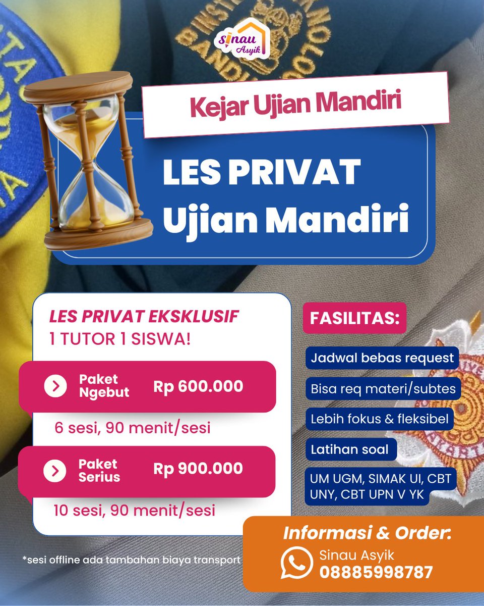sinau_asyik's tweet photo. LES PRIVAT KEJAR UJIAN MANDIRI SUDAH DIBUKA 🙌🏻

Buat Sobat yang mau persiapan maksimal tanpa panik di akhir Mei pengumuman SNBT, mending langsung cim tutor! 

✔️ Jadwal fleksibel, 1 TUTOR 1 SISWA, 1 ON 1
✔️ Latihan soal + pembahasan dengan tips gampang
✔️ Bisa untuk UM UGM, CBT UNY, UPN Veteran Yogyakarta, SIMAK UI, dll (tergantung ketersediaan tutor, langsung tanya admin). 

Tenangkan diri dan persiapkan sedari dini bareng Sinau Asyik!
WA ke ⏩ https://t.co/jhMf4dAQ5f