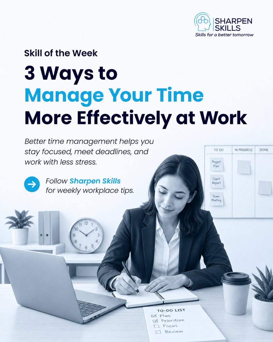sharpenskills's tweet photo. Better time management starts with small daily habits.

Plan your day, prioritize key tasks, and review your progress before you finish work.

Stay focused. Meet deadlines. Reduce stress.

#TimeManagement #Productivity #SharpenSkills https://t.co/5XT3xw1pe8