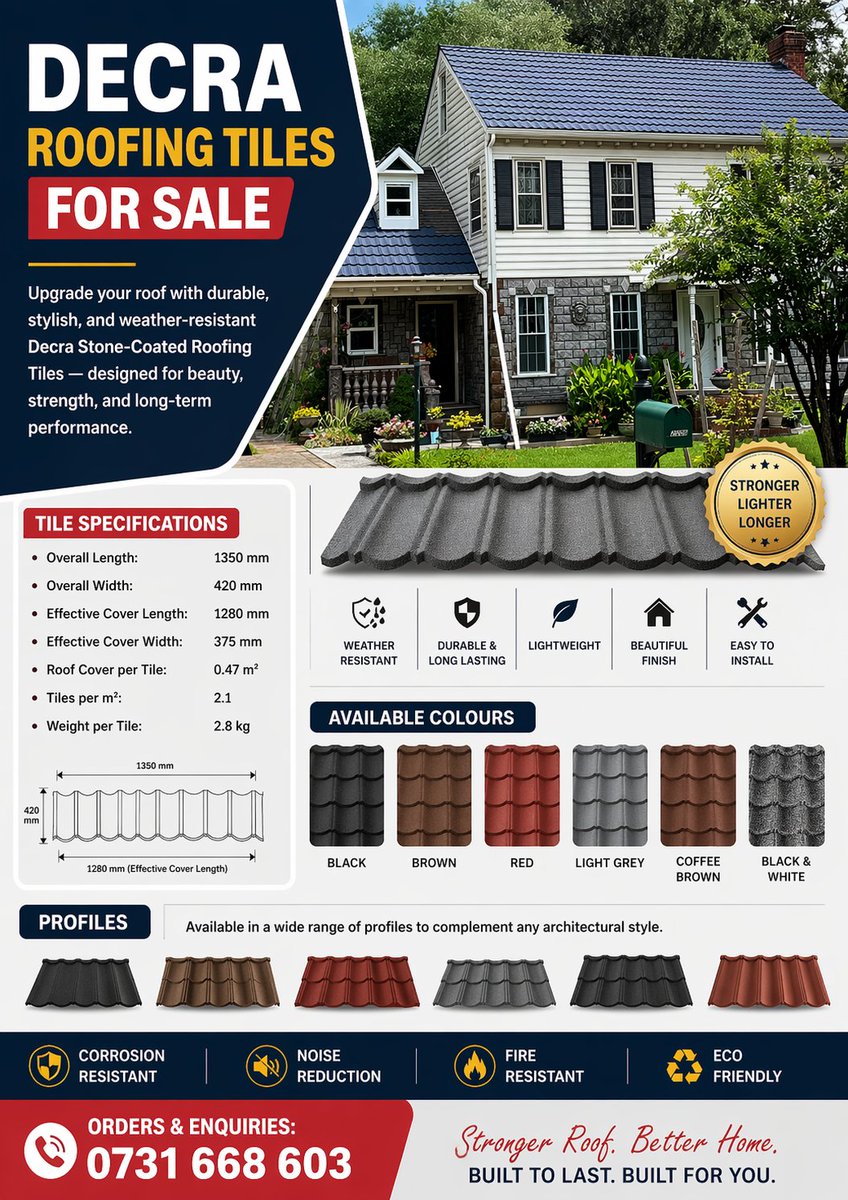 wamuchoki's tweet photo. 🏠 DECRA ROOFING TILES FOR SALE
Upgrade your roofing with premium stone-coated tiles built for strength, style, and long-term performance.
✔️ Durable &amp; weather-resistant
 ✔️Elegant, modern finish

📞 Orders &amp; Enquiries:
 📞+254 731 668 603 (Call/WhatsApp) https://t.co/uFfWsME2kr