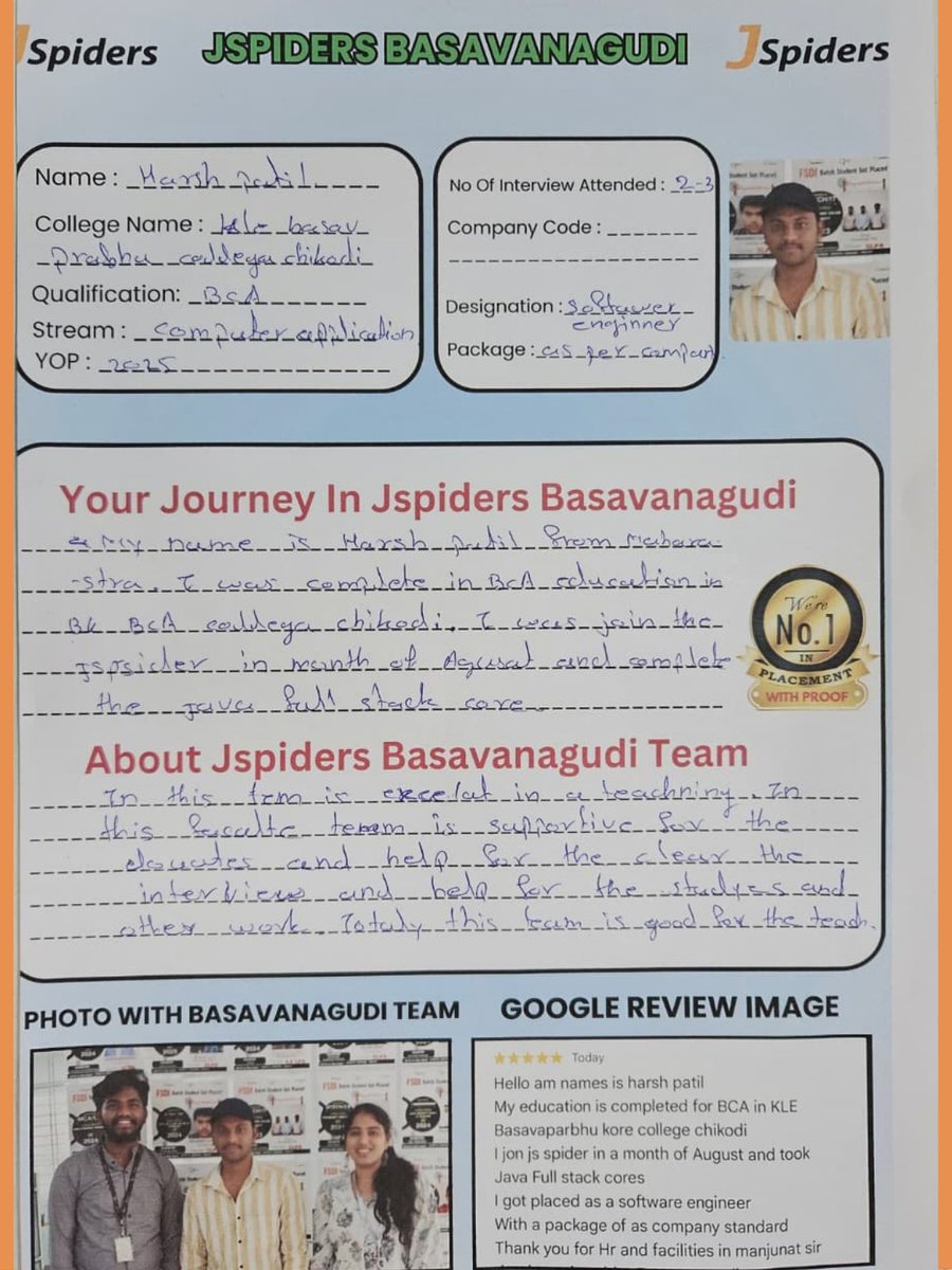 JBasavanagudi's tweet photo. 📷 Congratulations, HARSH PATIL, on getting placed at JSPIDERS Basavanagudi! This is a fantastic achievement. Best of luck in your new role! 📷
#jspiders #Congratulations #NewJob #SuccessStory #JavaStack #FullStackJava #JavaDevelopment #JavaCoding #jobplacement https://t.co/SmAbeSC4zx
