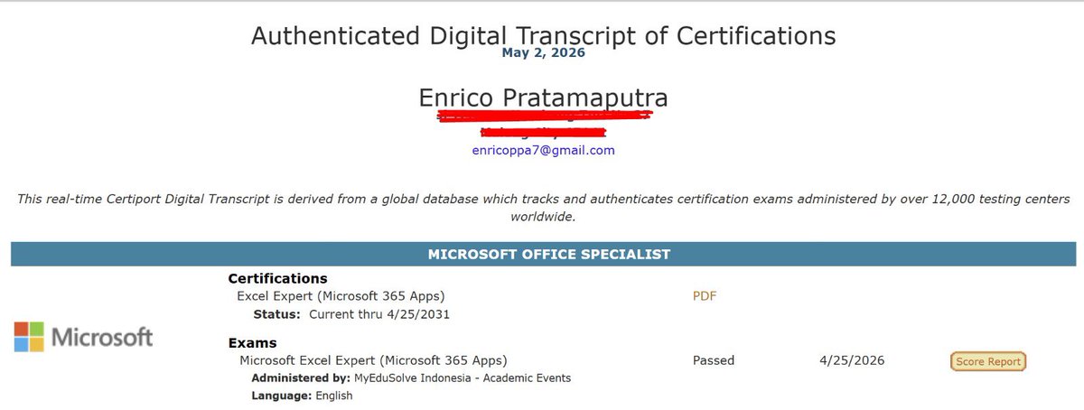 enrico_pratama7's tweet image. Successfully certified as a Microsoft Office Specialist: Excel Expert (Microsoft 365 Apps).
Iseng niatin langsung ambil level Expert, ternyata lolos juga 🤩📊

#ExcelExpert #Excel #Data