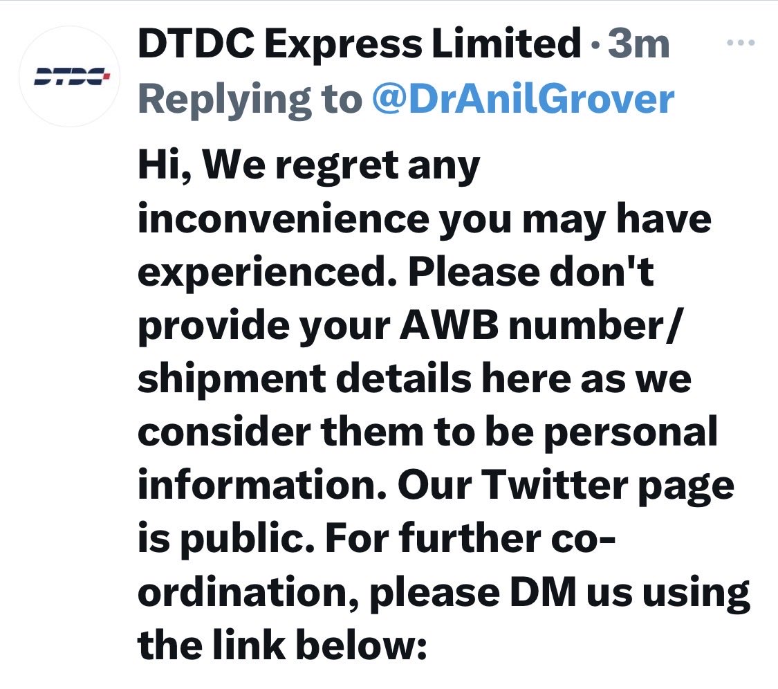 DrAnilGrover's tweet photo. Wow. Only AI can be so dumb to give this reply. @DTDC wake up and please deliver the package. https://t.co/2yb1kZOdAa