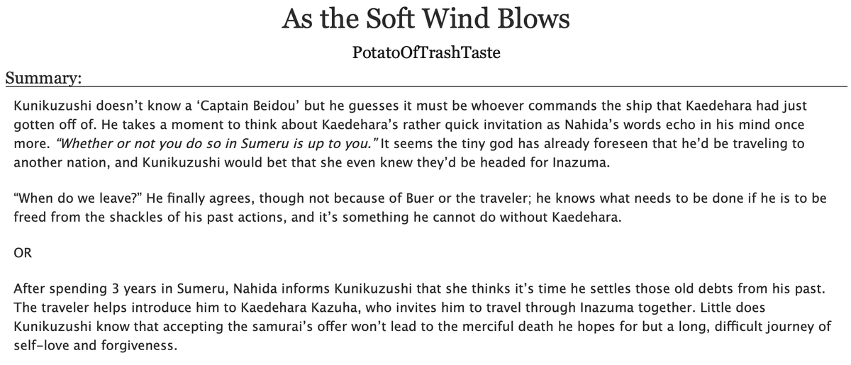 PotatoOfTrash's tweet photo. Finally posted the first chapter of my scara/kazuha slow burn inspired by the amazing @mistybluelights <3

I can’t believe I’ve been working on this for 9 months already but I couldn’t be happier with how the story has turned out, I genuinely think this is my best work yet! https://t.co/0W08VroQeh