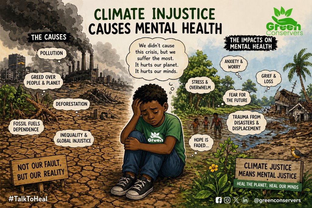 GreenConservers's tweet photo. We didn’t cause the climate crisis—but we carry its weight in our minds.
From floods to droughts, the damage is not just physical. It’s psychological.
📊 Climate disasters can raise mental health risks by up to 40%.
Climate justice = mental justice.
#TalkToHeal #ClimateJustice https://t.co/qbaSeZ8UTI