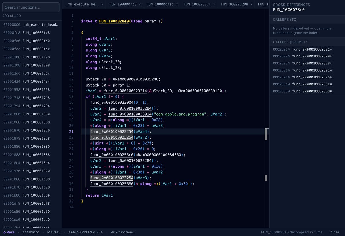 not sure why, but releasing Pyre - Ghidra's decompiler running fully in your browser. Drop an ELF / Mach-O / PE / wasm, navigate decompiled C with cmd-click + xrefs in Monaco. No server, no upload, binaries must never leave the page...

source. github.com/ant4g0nist/pyre
deployed