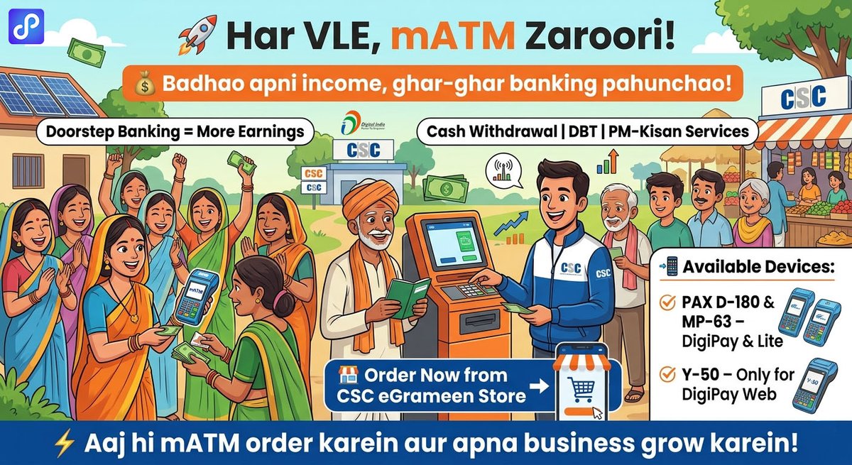 uditsharma60's tweet image. 🚀 Har VLE, mATM Zaroori!
💰 Badhao apni income, ghar-ghar banking pahunchao!
🏪 Order Now from CSC eGrameen Store
📲 Available Devices:
✔ PAX D-180 &amp;amp; MP-63 – DigiPay &amp;amp; Lite
✔ Y-50 – Only for DigiPay Web
⚡ Aaj hi mATM order karein aur apna business grow karein!
#csc #DigiPay