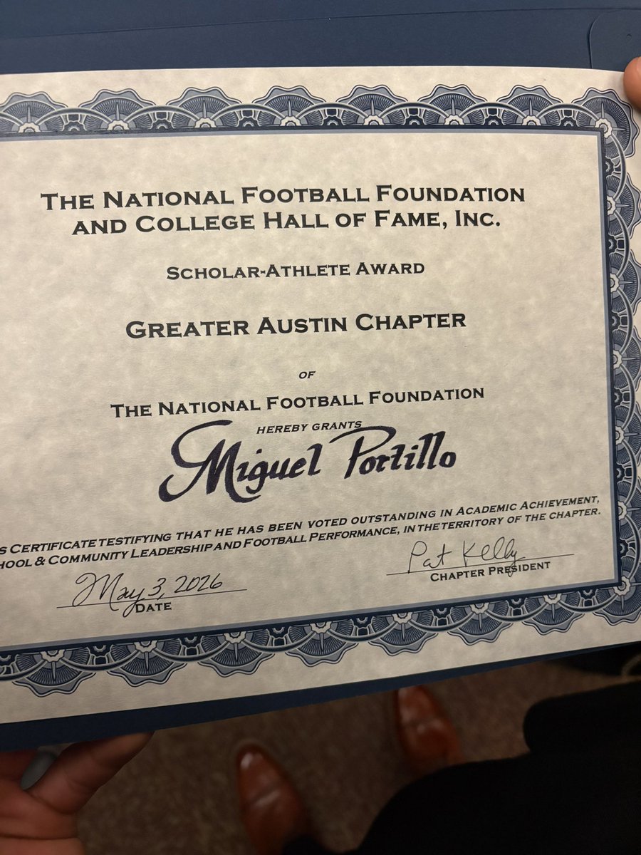 Coach_Maldy's tweet photo. This young man is the epitome of resilience! Battling through immense adversity on &amp; off the field. Miggi stayed the course! He is admitted to UT, top of his class &amp; last night was a Scholar-Athlete Honoree at the National Football Foundation Greater Austin Chapter Banquet! https://t.co/2dn4sZBZf1
