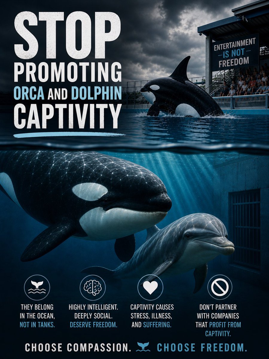 mgnbyd's tweet photo. Marketers still promoting SeaWorld and "swim with dolphins" packages in 2026 is wild to me. These are some of the most intelligent animals on Earth. They have culture, language, lifelong family bonds. We put them in tanks and call it educational.

Pick different clients! https://t.co/YHNl3Xuio0