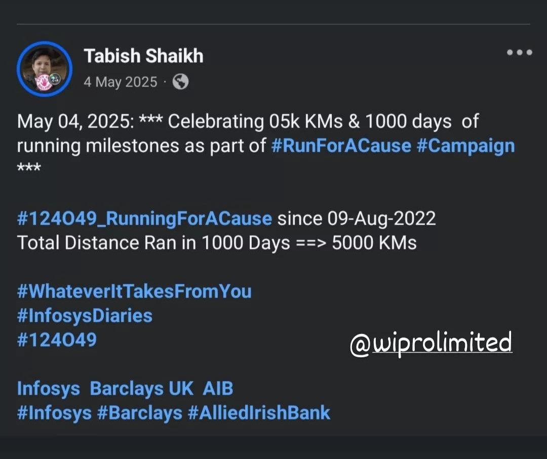 TabishSk21's tweet image. May 04, 2025: *** Celebrating 05k KMs &amp;amp; 1000 days  of running milestones as part of #RunForACause #Campaign

#124O49_RunningForACause since 09-Aug-2022
Total Distance Ran in 1000 Days ==&amp;gt; 5000 KMs

#WhateverItTakesFromYou
#InfosysDiaries
#124O49

@Infosys @BarclaysUK @AIBIreland