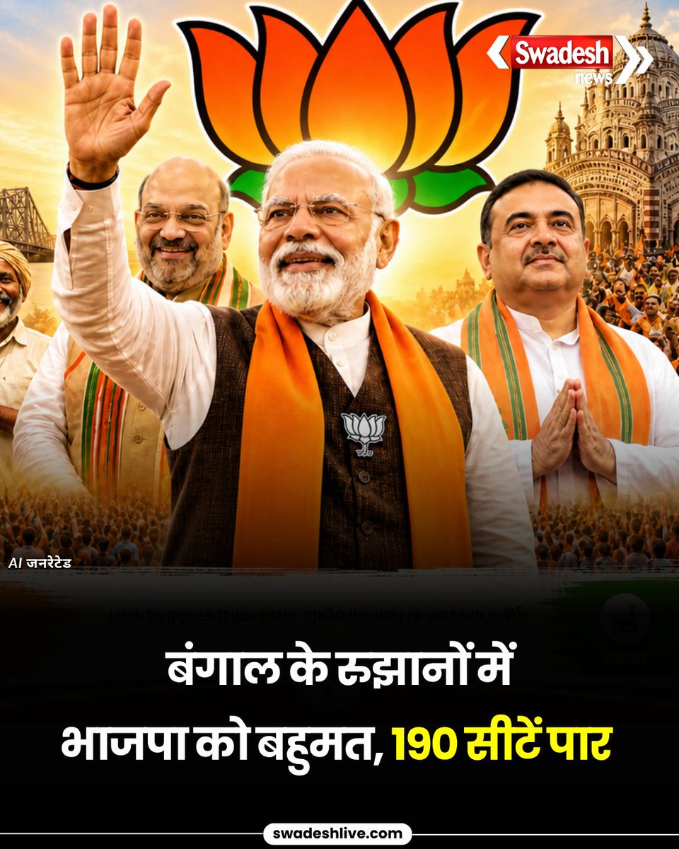 swadesh_news's tweet image. बंगाल की 293 सीटों पर वोटों की गिनती जारी है। एक सीट फालता पर 21 मई को फिर वोटिंग होगी। शुरुआती रुझान में भाजपा को बहुमत मिला है।
भाजपा 191 और टीएमसी 96 सीटों पर आगे चल रही है। अब तक भाजपा को 45%, TMC को 42% वोट मिलते दिख रहे हैं। 

#swadeshnews #HindiNews #NationalNews