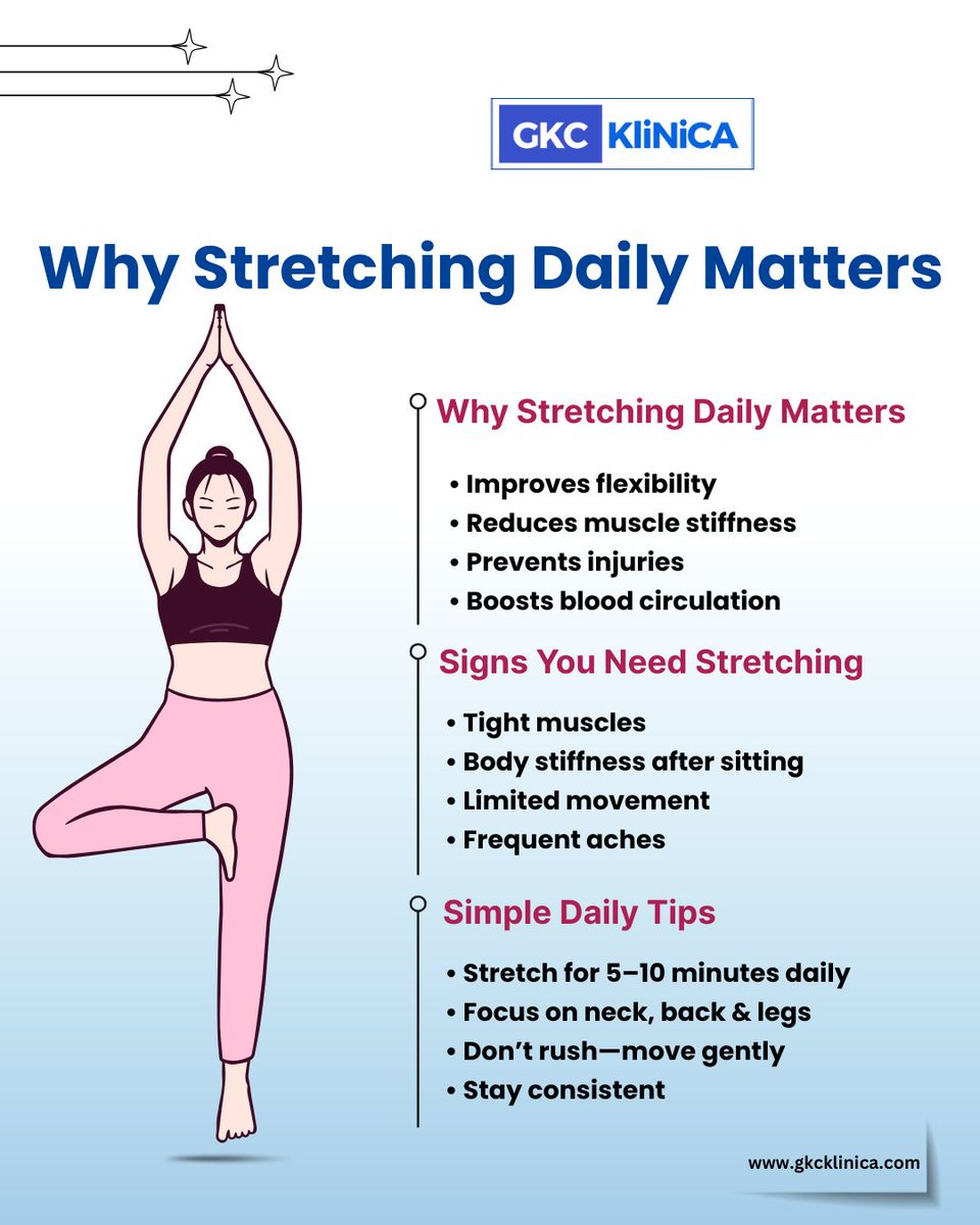 GkcKlinica's tweet image. Just 5–10 minutes of daily stretching can improve flexibility, reduce stiffness, and prevent long-term pain. Start today—your body will thank you.

#stretching #flexibility #HealthyLifestyle #wellnesstips #injuryprevention #stayactive #dailyhabits #fitnesshealth #healthybody