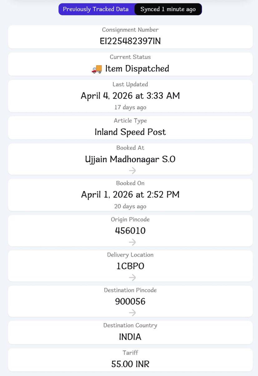 __raviiikumar__'s tweet photo. I sent an #extremely_important_doc. via #Speed_Post from Ujjain to Jhansi on 01/04/2026 #Tracking_ID_EI225482397IN but it is still not delivered Requesting immediate action @IndiaPostOffice @pmgindore @CPMGMP @JM_Scindia @CMOfficeUP @CMMadhyaPradesh @mpglucknow @PMOIndia https://t.co/sjKbBkjSxd