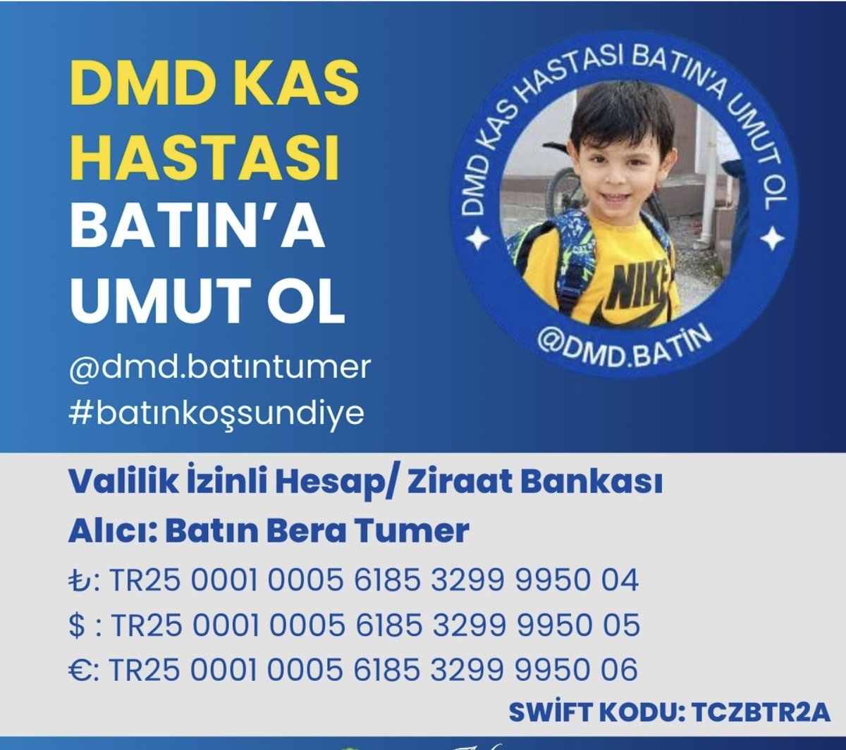 drmahmutkocak's tweet photo. Dmd kas hastası Batın için tüm vicdan sahibi  kardeşlerimizden destek bekliyoruz.

Lütfen bu zorlu mücadelede az çok demeyin yardımlarınızı yavrumuzdan esirgemeyin.

Çıktıkları bu zorlu yolda Tümer Ailesini yalnız bırakmayalım, tüm ümitleri siz merhamet ve vicdan sahiplerisiniz, bizleriz. 

TR25 0001 0005 6185 3299 9950 04