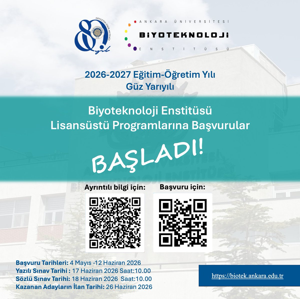 aubiyotek's tweet photo. 📣 Ankara Üniveristesi Biyoteknoloji Enstitüsü 2026-2027 Eğitim-Öğretim Yılı Güz Yarıyılı Lisansüstü Başvurusu Başladı! https://t.co/pQ32PTxwIe