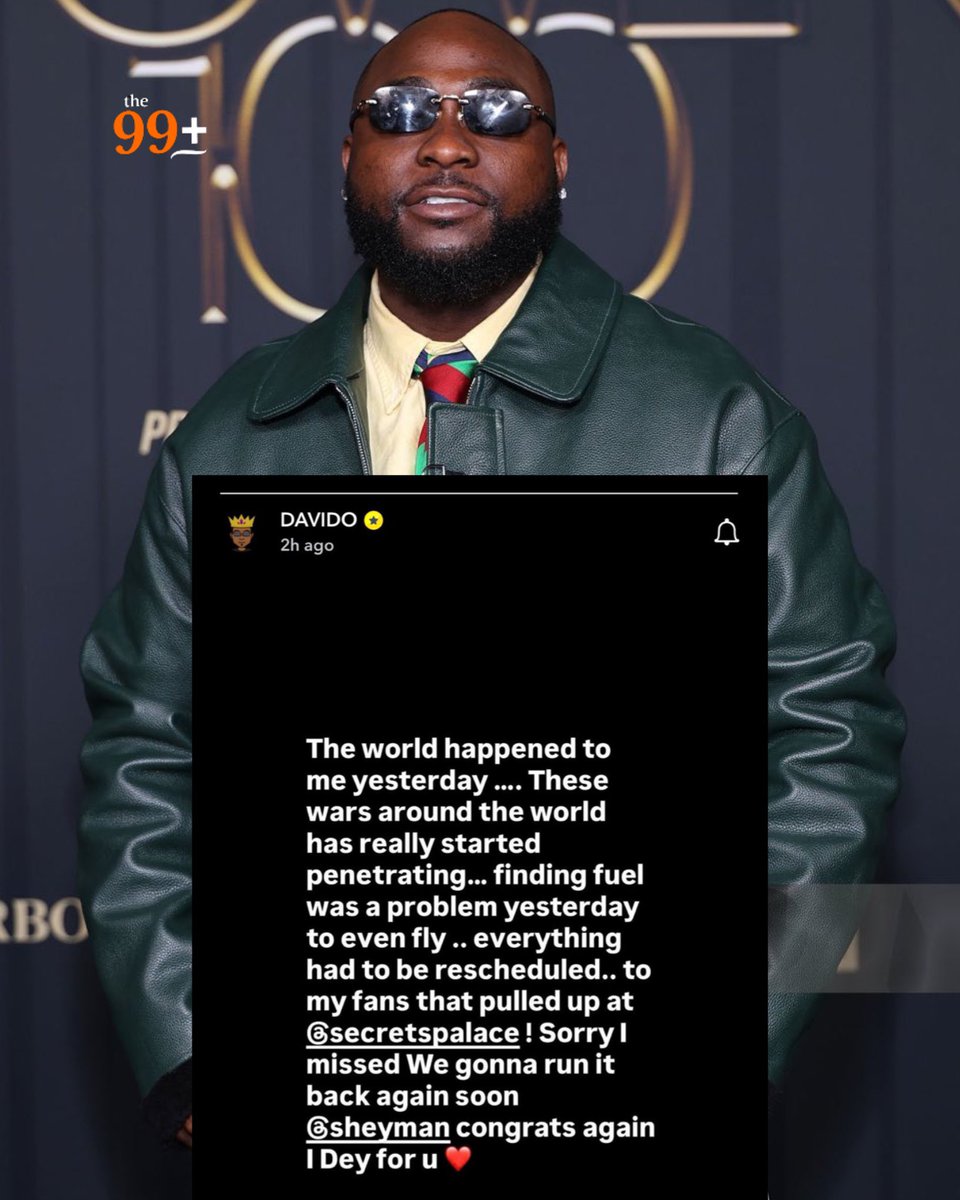99Pluz's tweet image. Davido issues apology and complains about the fuel situation via IG Story 

— The world happened to me yesterday. The wars around the world has really started penetrating...finding fuel was a problem yesterday to even fly...”

#99Pluzupdates #davido #davidonews #fuelscarcity