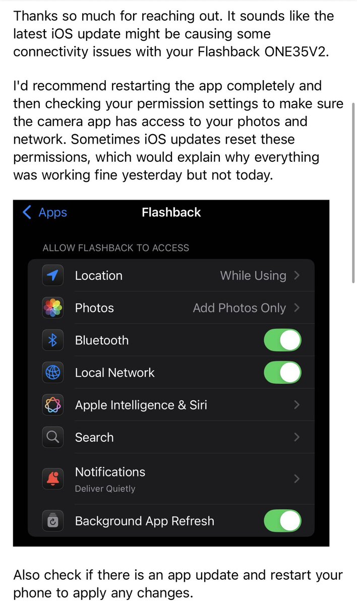 yousukex's tweet image. iOSアップデート後にFlashback One35 V2で撮影した写真がUnload to Lab出来なくなったので、サポートに連絡したところ無事に解決したので情報共有🤗

iOSアップデートでアプリの設定が変わっていたらしく、設定→アプリ→Flashbackでローカルネットワークを有効に変更😊

#Flashback
#FlashbackOne35V2