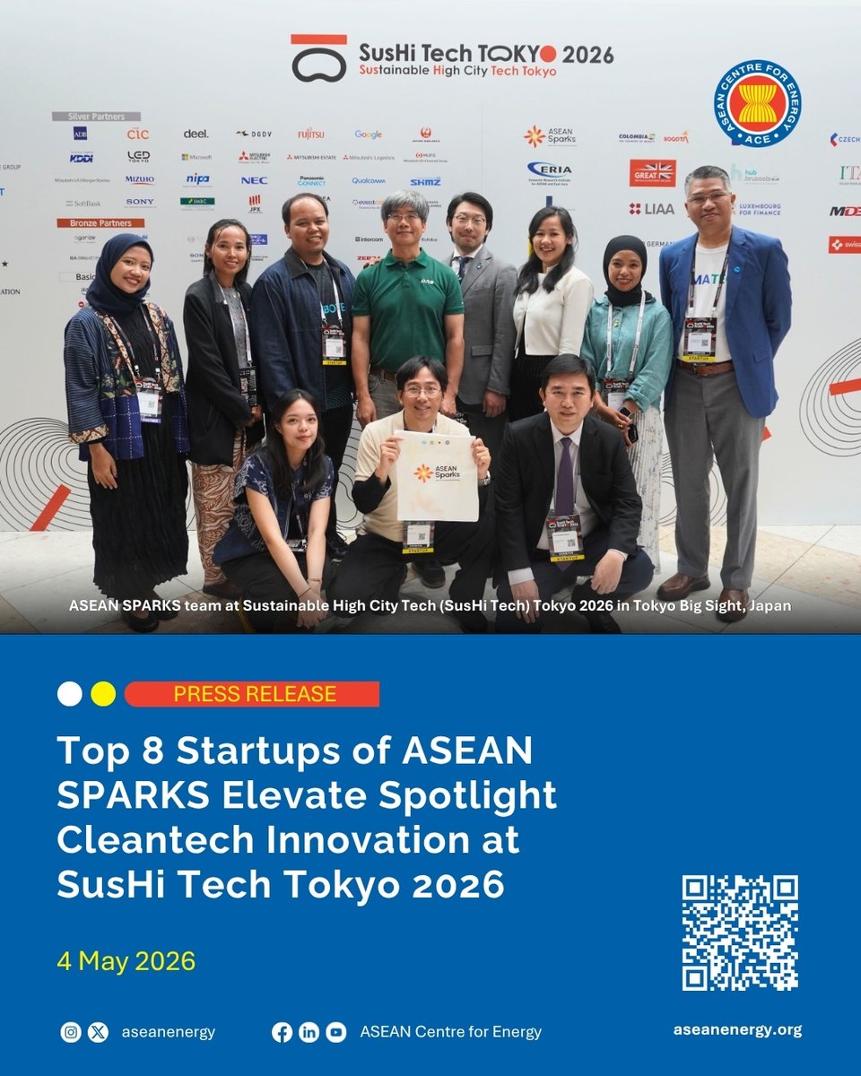 aseanenergy's tweet photo. 📢[PR] Top 8 Startups of ASEAN SPARKS Elevate Spotlight Cleantech Innovation at SusHi Tech Tokyo 2026

Implemented by the ACE and the United Nations Development Organization (@UNIDO), supported by the Japan-ASEAN Integration Fund (JAIF).

🔗 Read more: https://t.co/yiRt7dA2tU https://t.co/MCzmA5qM5R