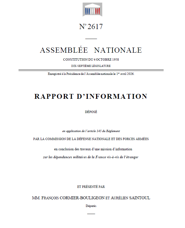 AN_Defense's tweet photo. 📘Le rapport de la mission d'information sur les dépendances militaires de la France vis-à-vis de l'étranger des rapporteurs François Cormier-Bouligeon et Aurélien Saintoul, est en ligne 👉 https://t.co/GECHMphKLo. #DirectAN. https://t.co/taEbWzZi7X