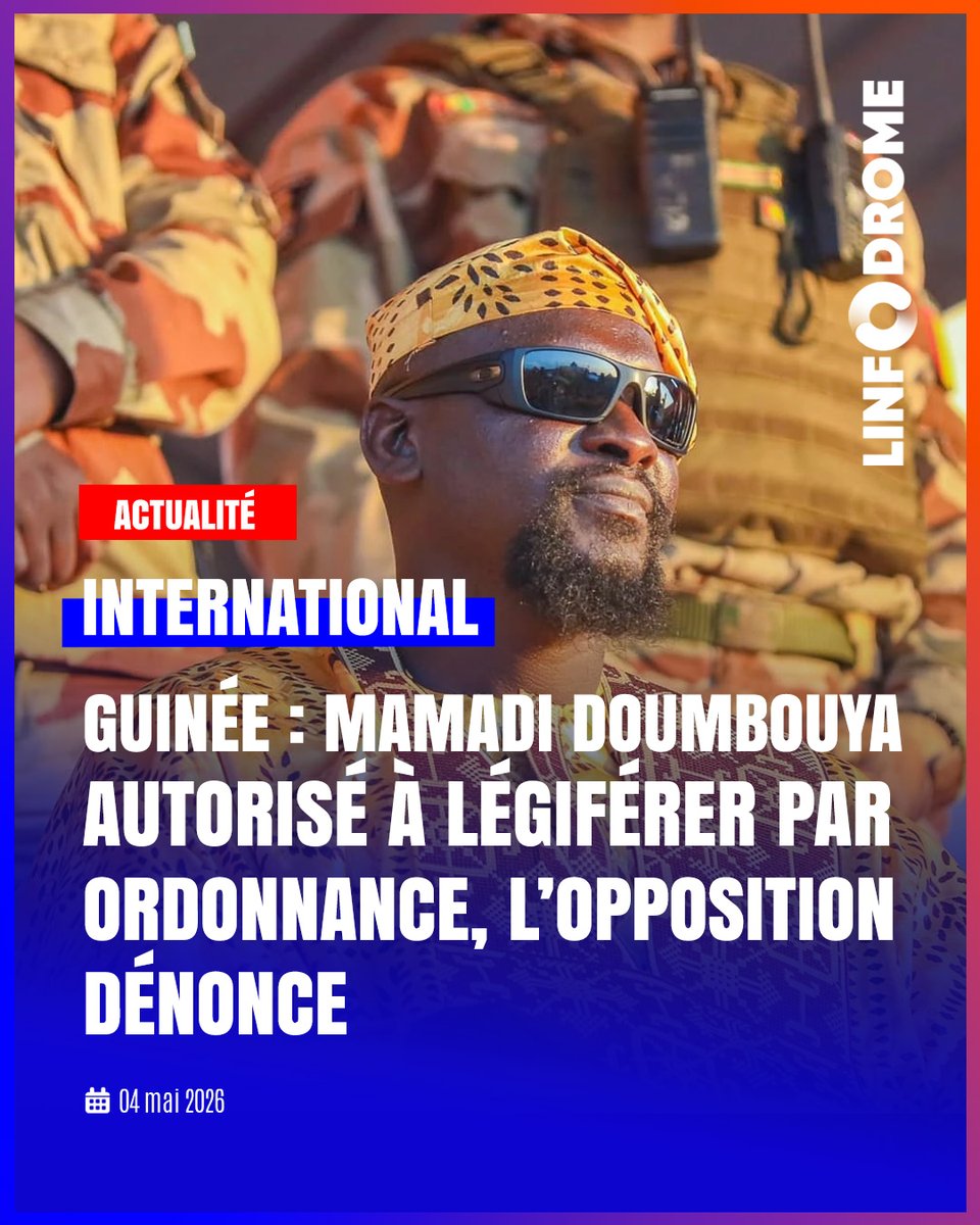 Linfodrome's tweet image. Le 25 avril 2026, un décret lu à la télévision nationale habilite officiellement le président Mamadi Doumbouya à légiférer par ordonnance, sans avoir à solliciter l’avis préalable du Conseil national de transition (CNT).

#Linfodrome