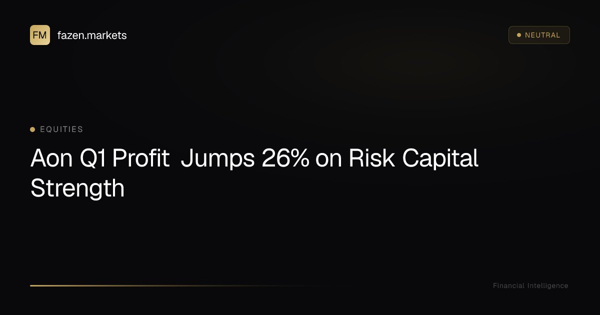 fazenmarkets's tweet image. Aon Q1 Profit Jumps 26% on Risk Capital Strength: Aon reported a 26% rise in Q1 2026 profit (reported May 4, 2026), driven by risk-capital gains and margin improvement, per Yahoo… dlvr.it/TSMG7c 👈 Read full analysis #Aon #Q1Profit #FinanceNews #RiskCapital #Investment