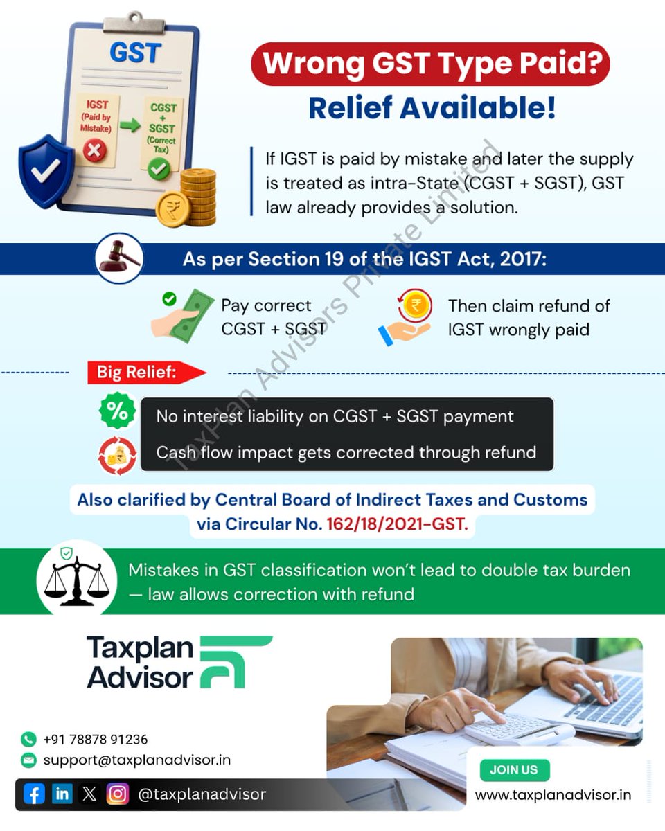 taxplanadvisor's tweet image. Wrong GST paid? Relief available 🚨

✔ Pay correct CGST + SGST
✔ Claim IGST refund
✔ No interest liability
No double tax burden
📞 +91 78878 91236
#gst #taxindia #compliance