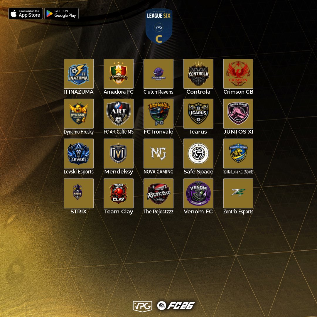 OfficialVPG's tweet photo. ⚽️ It’s Game Day! 
 
🙌🏽 Welcome to the @VPGEurope
🏆 League Six C
ℹ️ 8 week season.
🗓️ Monday, Tuesday, Thursday
⏱️ 20:45 and 21:15 uk time
🎮 @EASPORTSFC

👕 List of teams:
@ZentrixEs 🏴󠁧󠁢󠁥󠁮󠁧󠁿
@mendeksy644 🇵🇱
@BigR050 🇳🇱
@FC_Ironvale 🇨🇿
@NovaGamingxx 🇪🇸
@eFCDynamoHrusky 🇨🇿
@icarusesportsfc 🏴󠁧󠁢󠁥󠁮󠁧󠁿
@AmadoraFc 🏴󠁧󠁢󠁳󠁣󠁴󠁿
@ControlaVPG 🇦🇱
@LEVSKIESPORTS 🇧🇬
@ClutchRavens 🇵🇹
@fcartcaffems 🇸🇮
@teamclay2026 🇮🇹
@stluciaesport 🇲🇹
@venomprovpg 🏴󠁧󠁢󠁥󠁮󠁧󠁿
@_crimsonGB 🏴󠁧󠁢󠁥󠁮󠁧󠁿
@therejectzzz 🏴󠁧󠁢󠁥󠁮󠁧󠁿

🤝 Best of luck to all of the teams taking part this season! 
 
#FC26 #ProClubs #VPG #Esports
