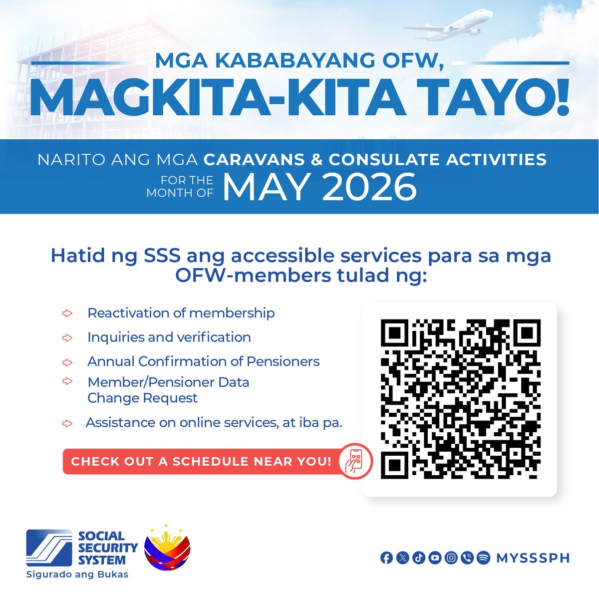 MYSSSPH's tweet photo. Mga kababayang OFW, magkita-kita tayo!

Narito ang mga caravans &amp; consulate activities for the month of May 2026

Para sa schedule ng mag activities ng SSS Foreign branches: https://t.co/xfAzjAMrBK

Regularly check our page for updates! https://t.co/KO8ZahjMc8
