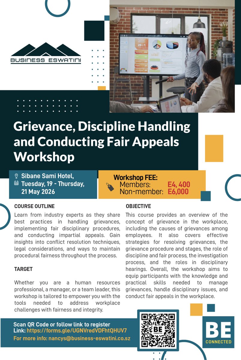 BEswatini's tweet photo. Join our Grievance, Discipline Handling &amp; Fair Appeals Workshop

Workshop dates: 19–21 May 2026
Secure your spot today and build a more compliant, balanced workplace.
Register now: https://t.co/LIW38wUysU
#BusinessEswatini #FairProcess #LeadershipDevelopment https://t.co/hiJ3GFJeYU