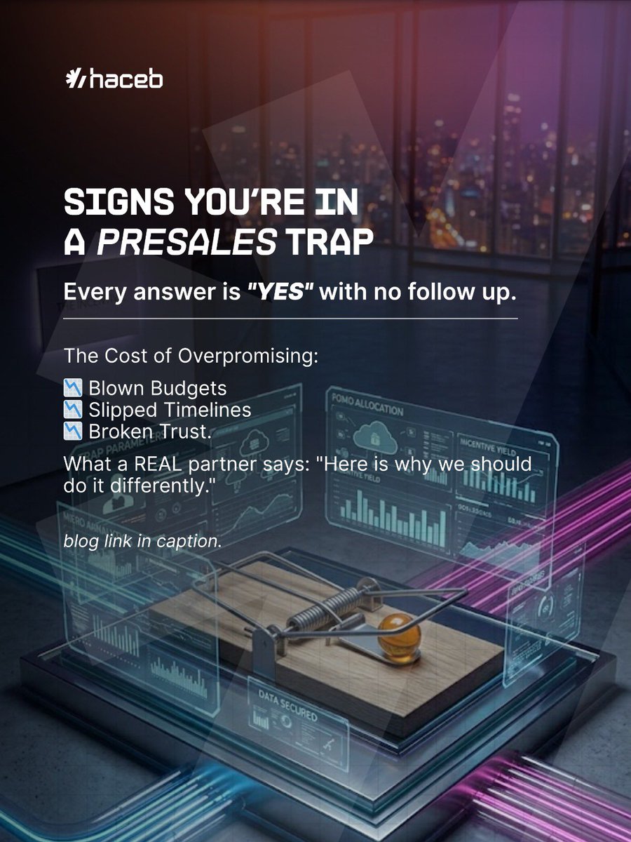 Haceblb's tweet photo. "Everything is doable" is the biggest red flag in enterprise software. 🚩

In presales, the pressure to close often outweighs honest scoping.

Before you sign that ERP or CRM contract, learn how to spot the "Presales Trap" and protect your org.

Read more: https://t.co/GqMCr081UN https://t.co/4hEMHRj4yG