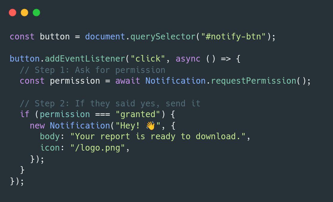denicmarko's tweet photo. JavaScript tip:

Use new Notification() to send browser notifications natively  (no app needed). https://t.co/xCfrRyzhqm