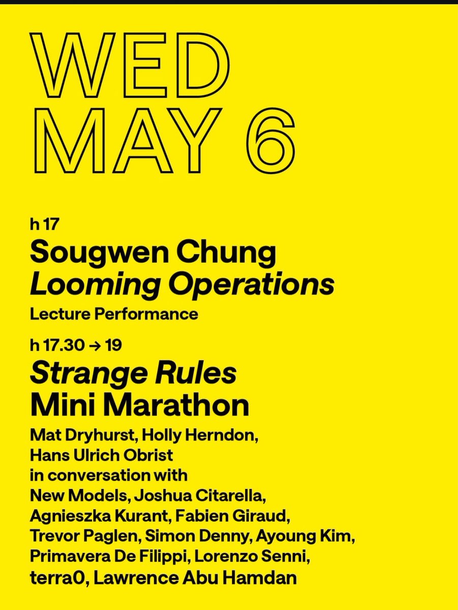 fellowshiptrust's tweet photo. As part of Palazzo Diedo Opening Week, the program continues with Looming Operations, a new lecture performance by @sougwen, followed by the Strange Rules Mini Marathon with @matdryhurst, @hollyherndon, @HUObrist @trevorpaglen, @newmodels_io, @JoshuaCitarella, @agnieszkakurant, Fabien Giraud, @dennnnnnnnny, Ayoung Kim, @yaoeo, @LorenzoSenni, @_terra0, and Lawrence Abu Hamdan.
