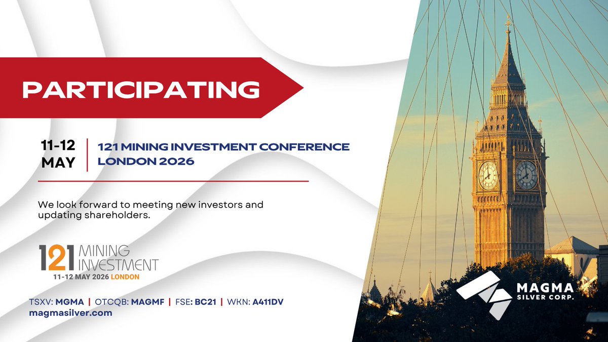 MagmaSilverCorp's tweet photo. Magma Silver is pleased to announce that we will be participating at the 121 Mining Investment Conference in London.

We look forward to meeting new investors and updating shareholders.

$MGMA $MAGMF $BC21
#Silver #Mining #Exploration #JuniorMining #121Mining @Investinmining https://t.co/JDfxOqgMre